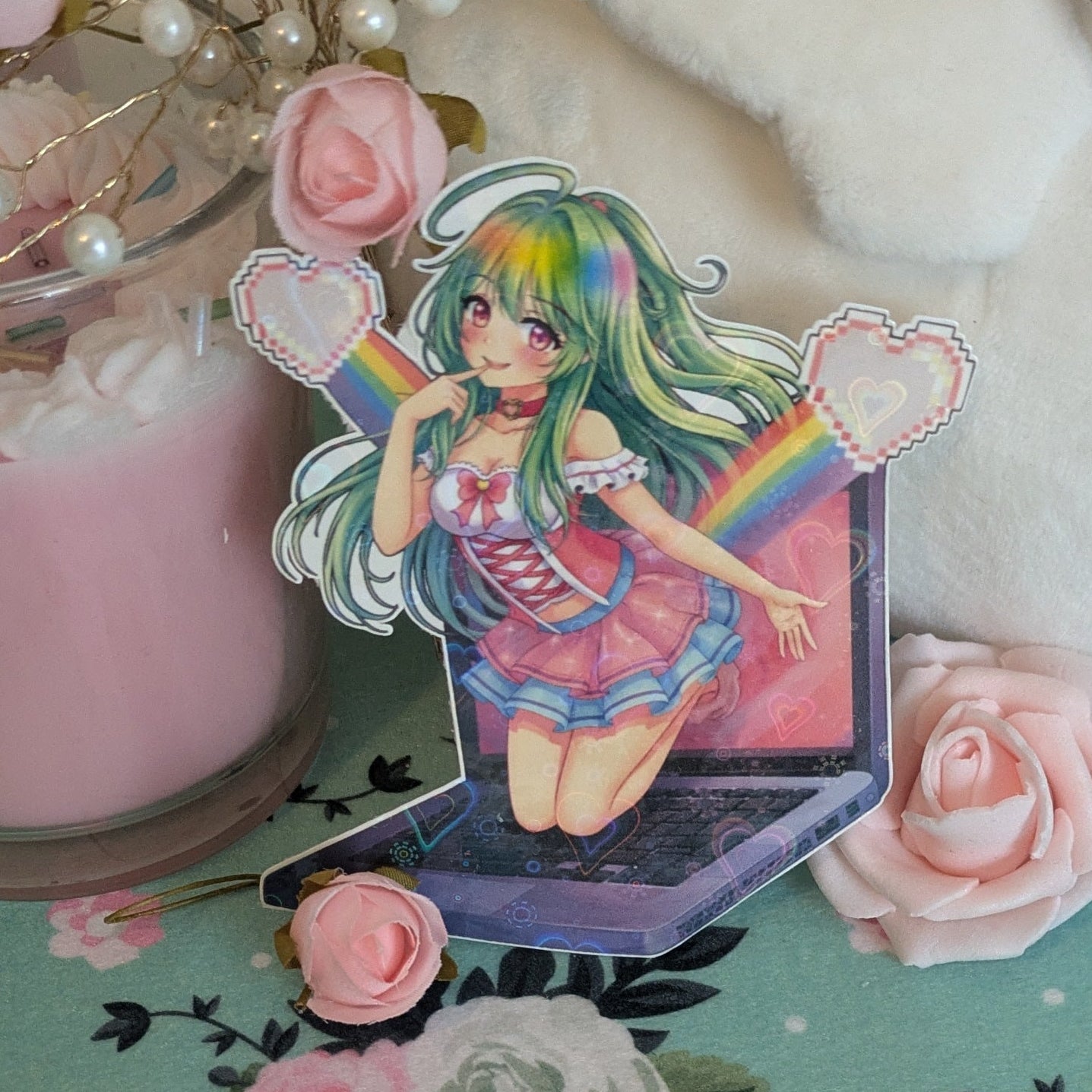 Anime Dreams Die Cut Sticker | Holographic Girl Emerging from Laptop Screen