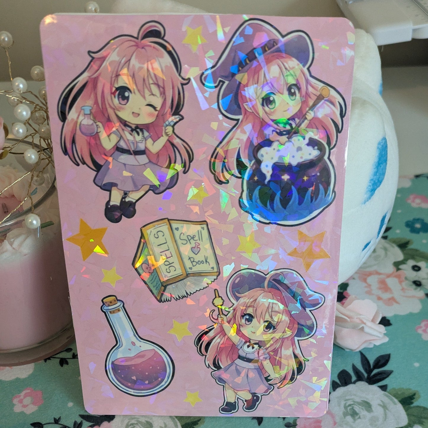 Witchy Aubrey OC Sticker Sheet | Holographic Anime-Style Witch Stickers (Set of 5)