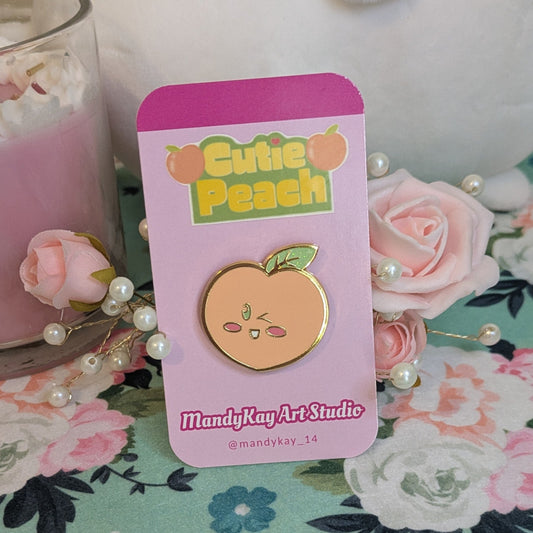 Cutie Peach Enamel Pin | Gold & Green Glitter Winking Peach