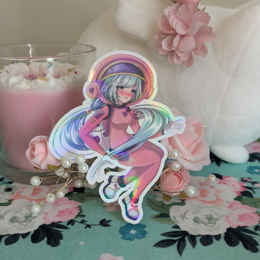 Space Girl Die Cut Sticker | Holographic Anime Astronaut in Pink & Purple Spacesuit