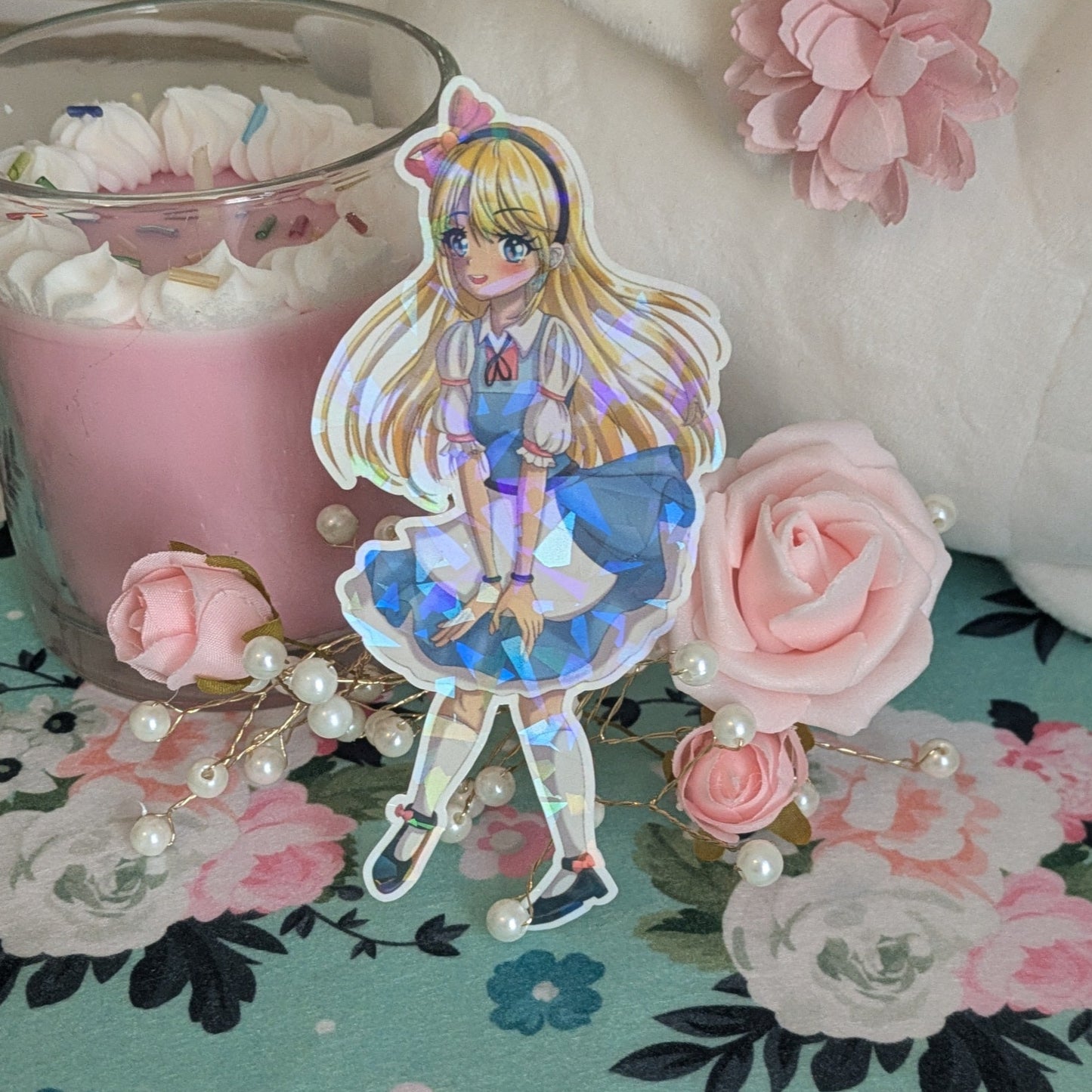 Alice in Wonderland Fanart Die Cut Sticker | Holographic Crystal Anime-Style Sticker