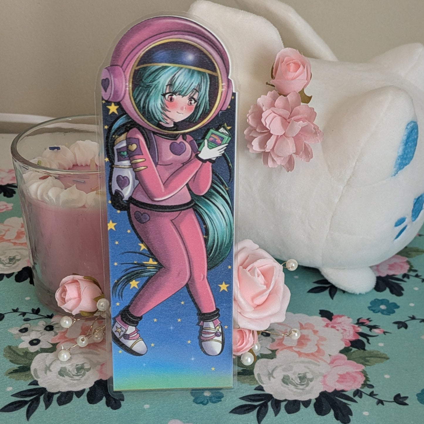 Space Girl Laminated Bookmark | Anime Astronaut Reading in Space