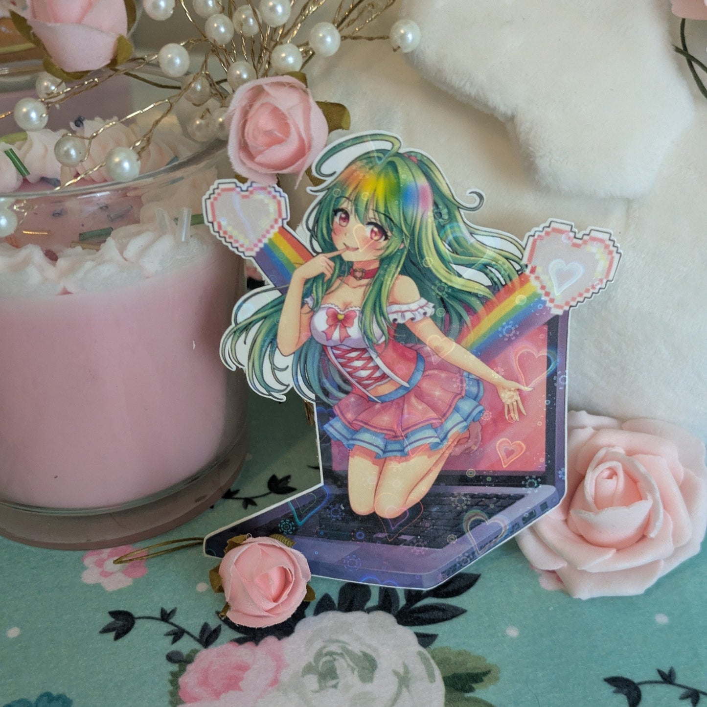 Anime Dreams Die Cut Sticker | Holographic Girl Emerging from Laptop Screen