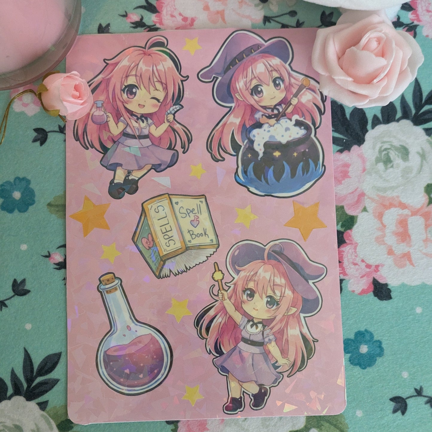 Witchy Aubrey OC Sticker Sheet | Holographic Anime-Style Witch Stickers (Set of 5)