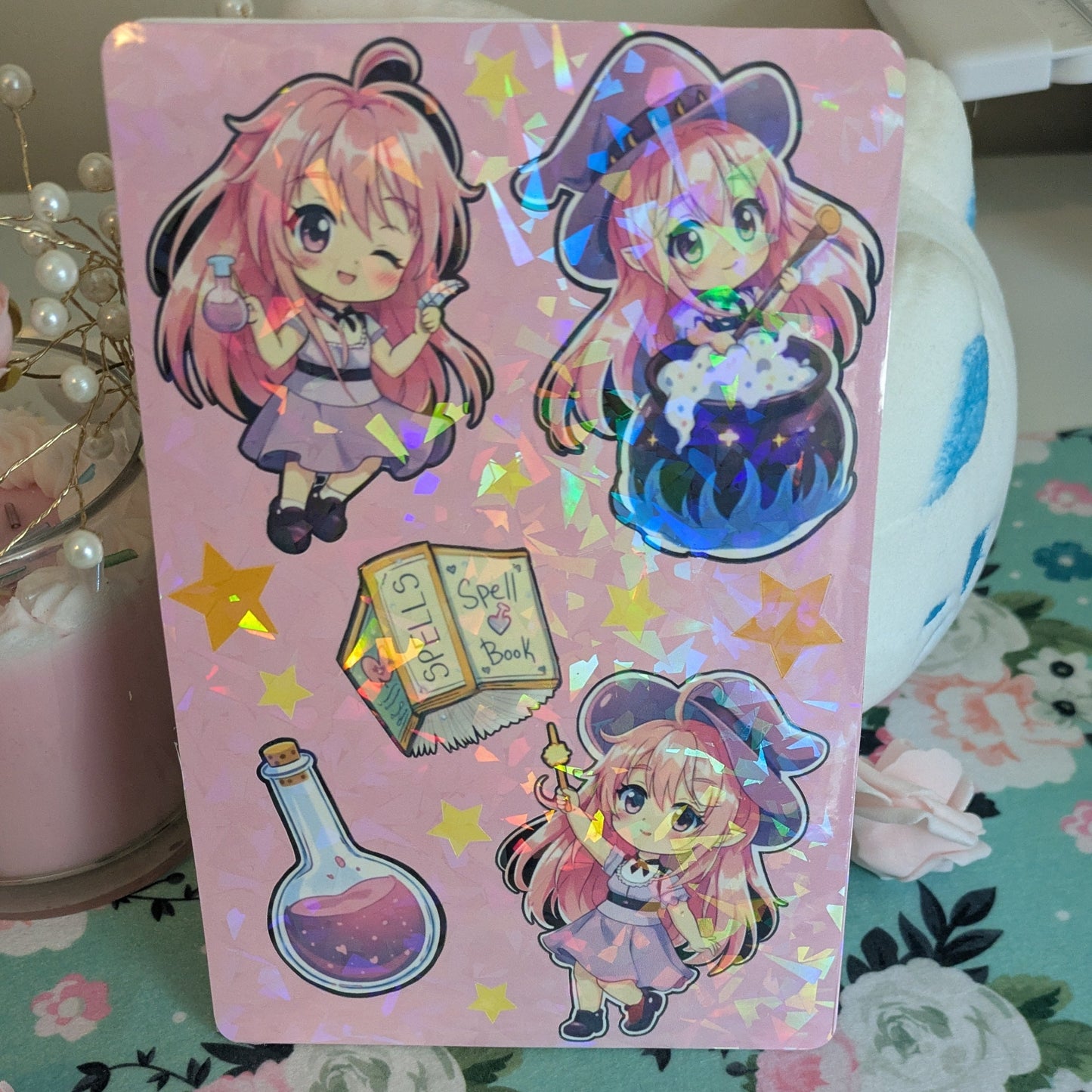 Witchy Aubrey OC Sticker Sheet | Holographic Anime-Style Witch Stickers (Set of 5)