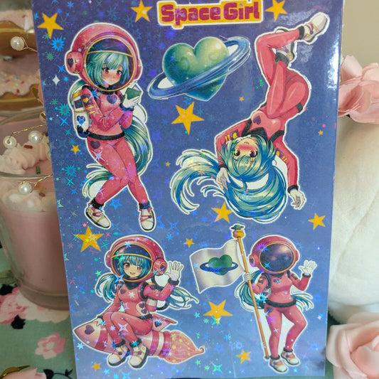 Space Girl Sticker Sheet | Holographic Anime Astronaut Stickers (Set of 5)