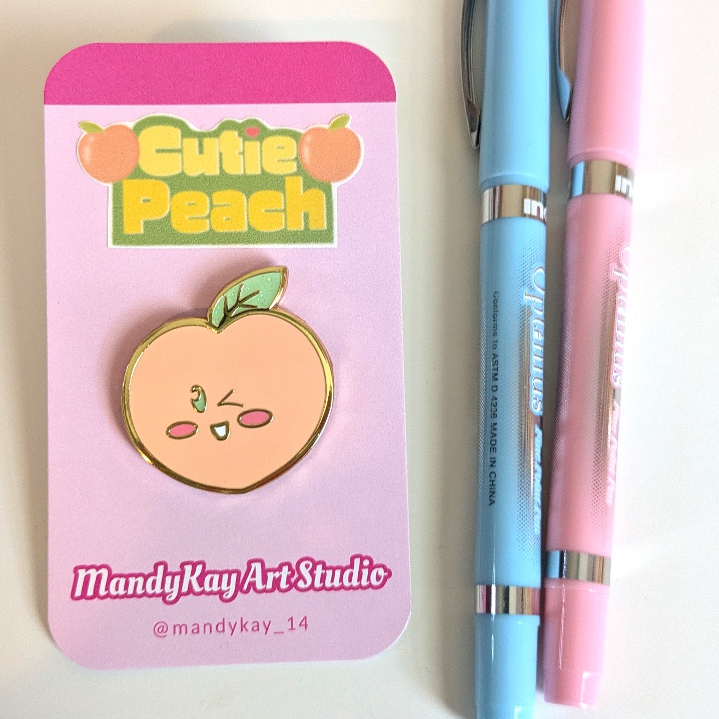 Cutie Peach Enamel Pin | Gold & Green Glitter Winking Peach